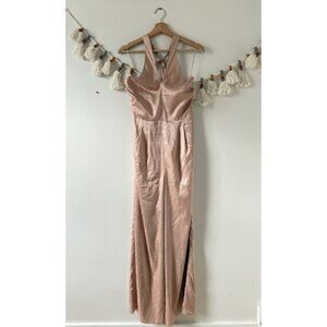 Free People Du Paradis Cross Neck Satin Wide Leg Jumpsuit Mauve Coquette NWT S